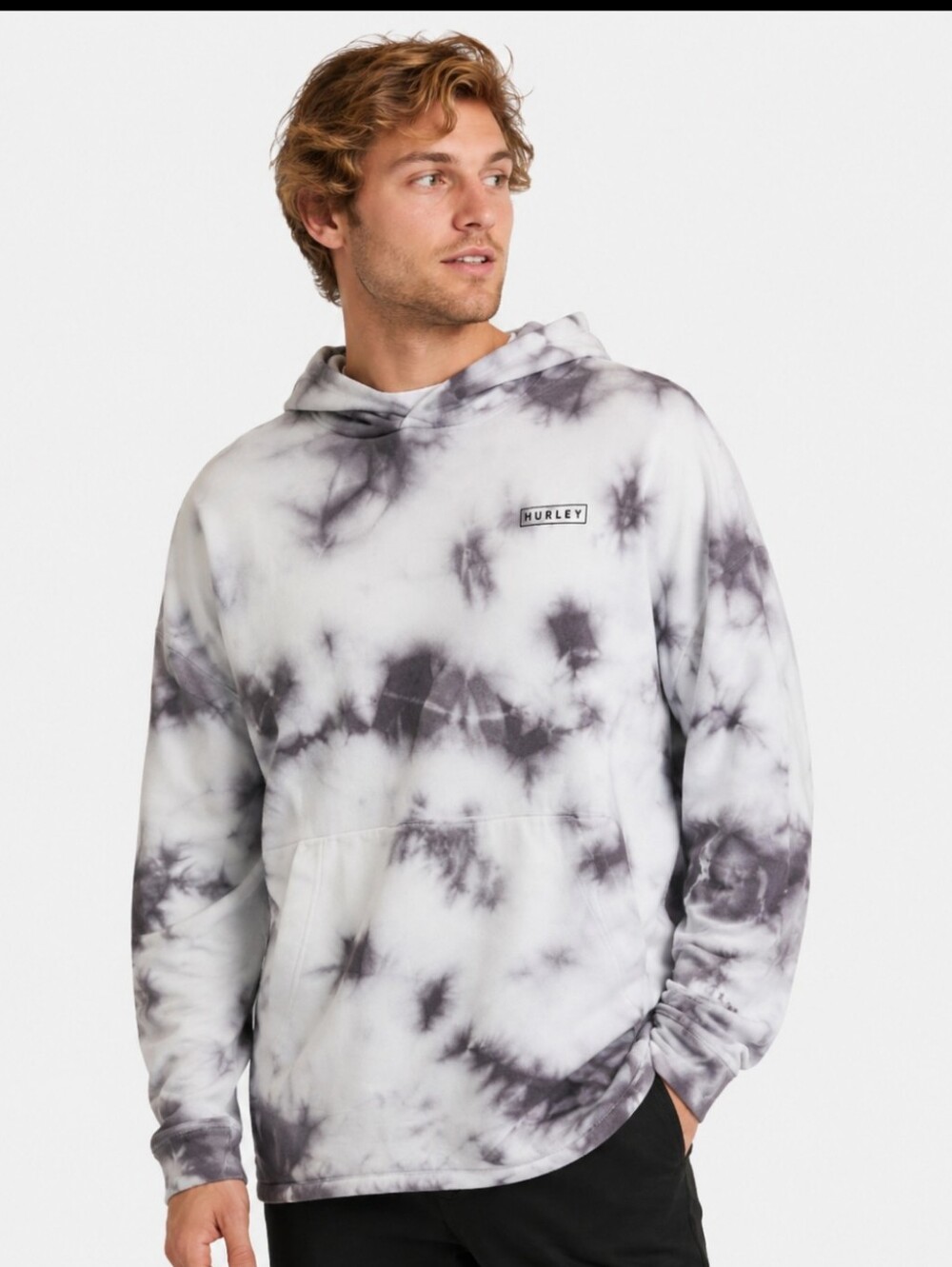 Hurley Lightning Wash Tie Dye Fleece Pullover Hoodie Gray and White Medium